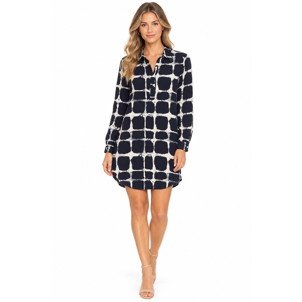 Marie Oliver Navy White Silk Grid Tie Dye Shirt Dress Size M Long Sleeve Shift